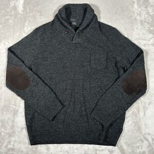 J. Crew Shawlneck Sweater Men XL Gray Merino Wool Fisherman Pocket Elbow Patches
